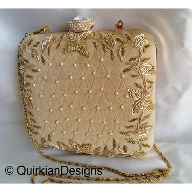 Beige Velvet Square Box Clutch With Intricate Floral Embroidery And Diamante Clasp, Wedding Clutch, Party Bag, Beaded Clutch